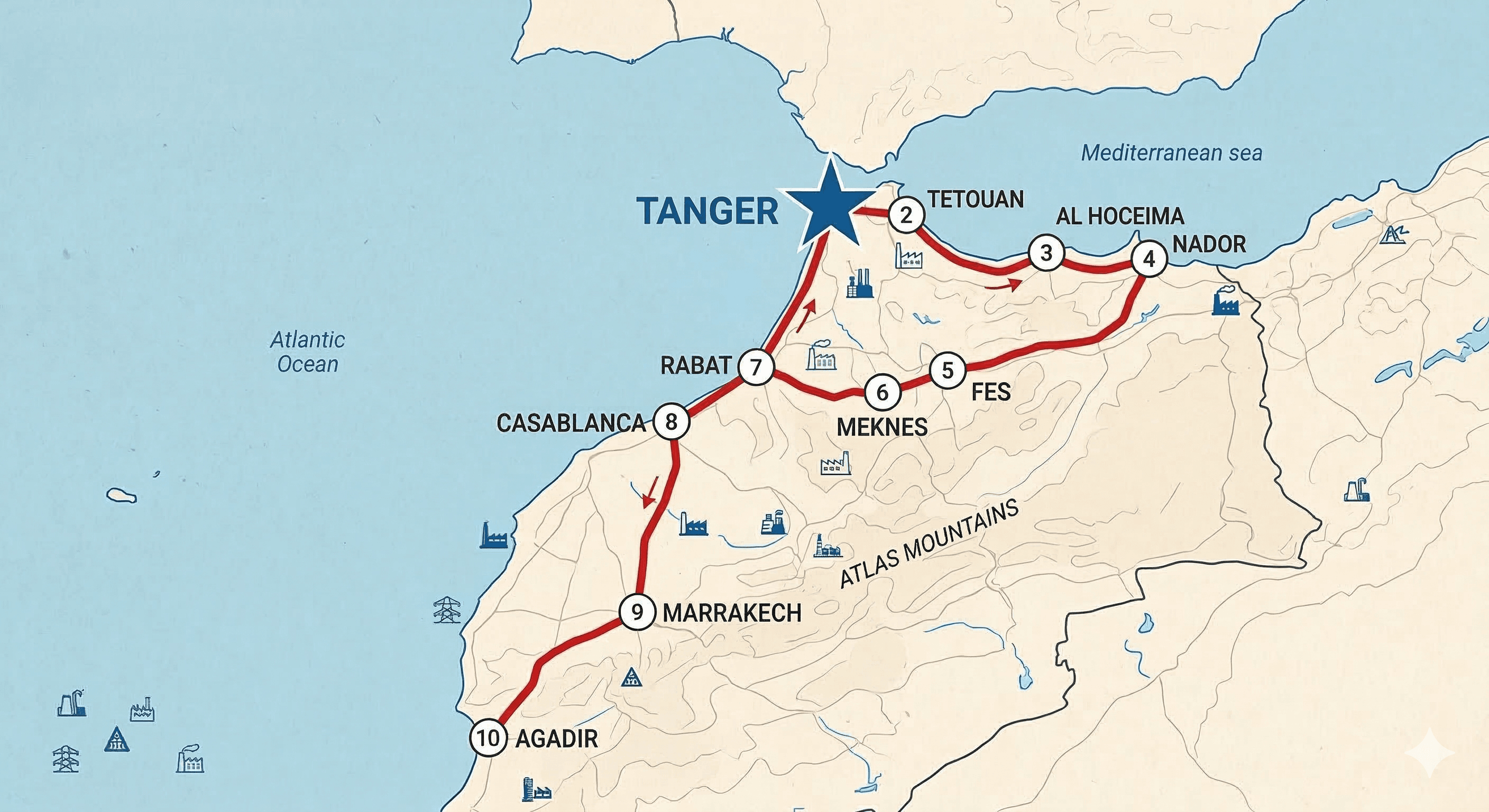 Distribution map showing delivery routes from Tanger to cities across Morocco